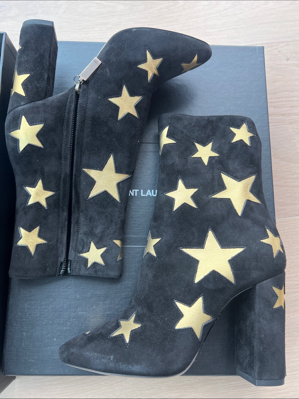 Saint Laurent Black Suede Lou Lou Ankle Boots with Gold Star Accents